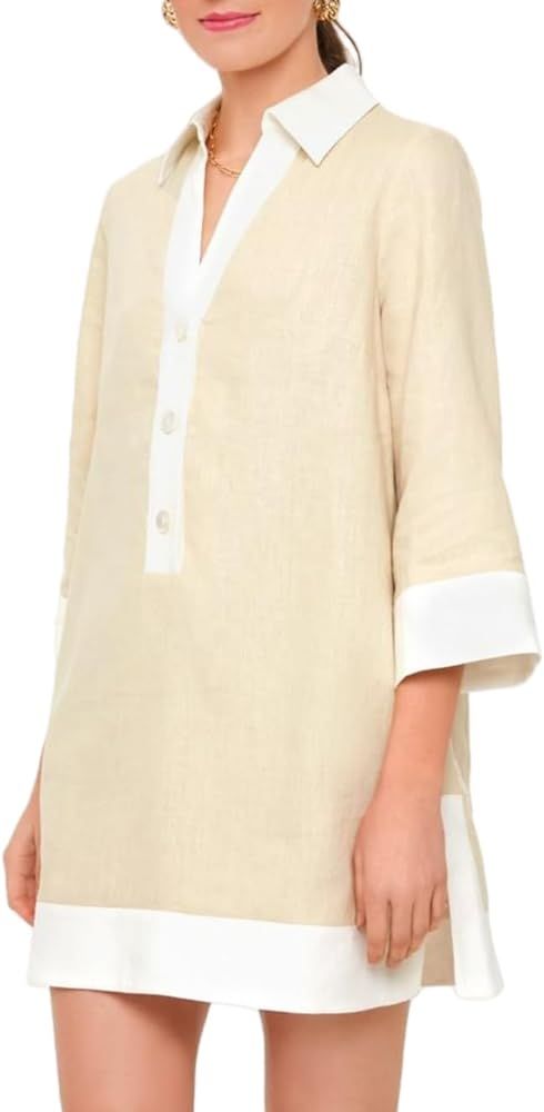 Kedera Women Botton Shirt Dress V Neck Short Sleeves Summer Linen Shift Tunic Dress with Pockets | Amazon (US)