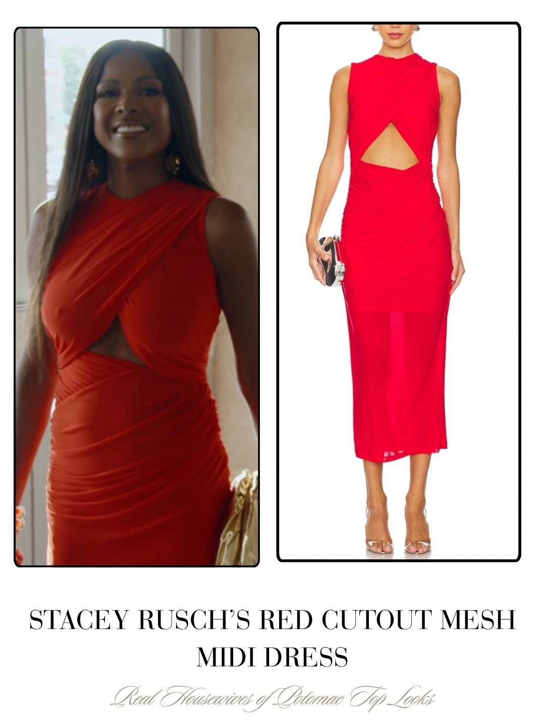 Stacey Rusch’s Red Cutout Mesh Midi Dress