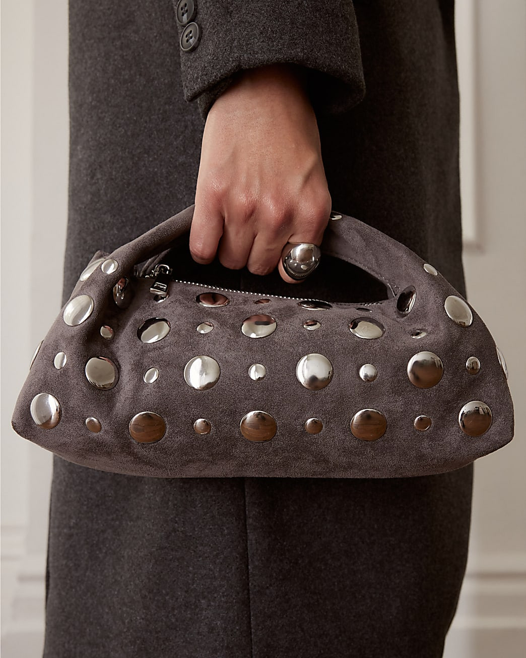 Grey Studded Faux suede Cross Body bag | River Island UK & IE