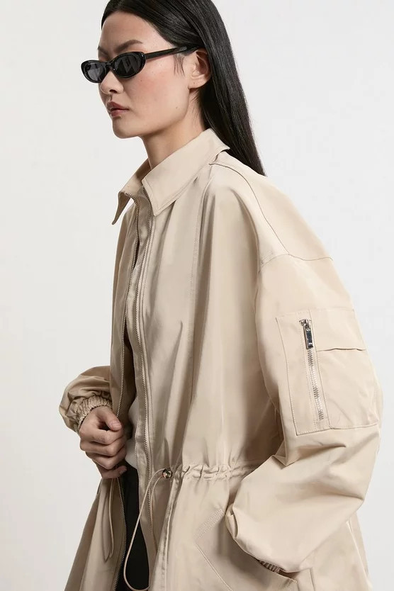 Drawstring Waist Collared Zip Through Mid Length Jacket | Karen Millen UK + IE + DE + NL