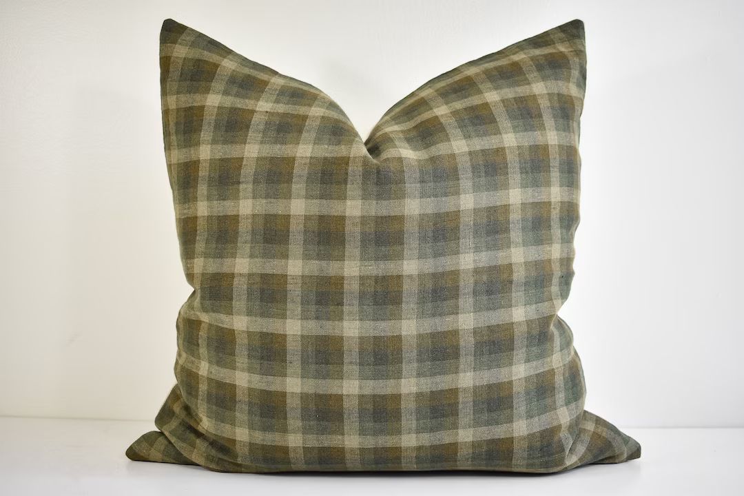Linen Pillow  Olive and Khaki Gingham - Etsy | Etsy (US)