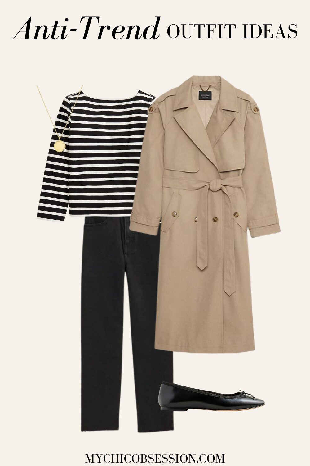 Style an anti-trend look for fall, winter or spring with a striped Mariner shirt, trench coat, dark jeans, and ballet flats. Accessorize with a simple gold pendant necklace for the French-approved outfit idea. 

 #LTKSeasonal