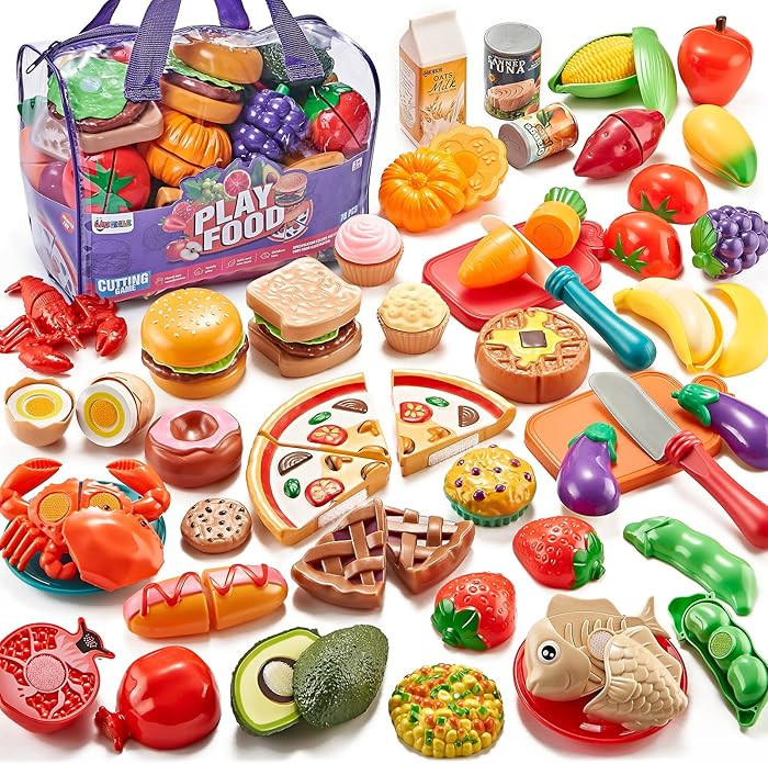 Pretend Play Food for Kids Kitchen, 78Pc Cutting Toy Food with Storage Bag | Amazon (US)