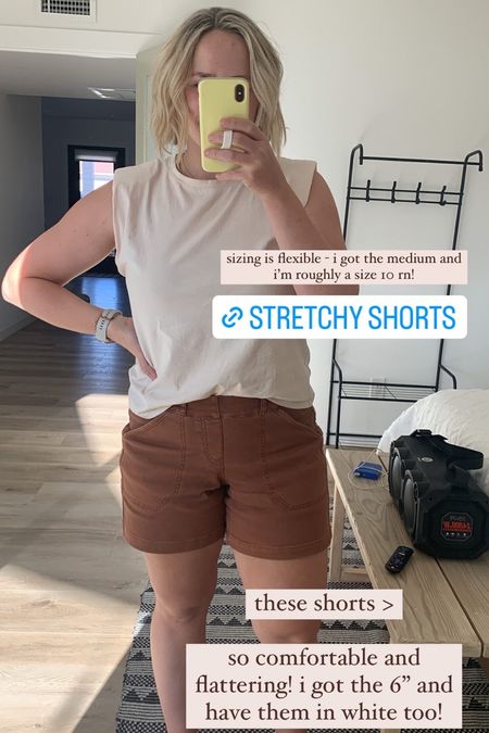 spanx twill shorts in 6” length. so comfortable and perfect for summer! comes in 10+ colors. wearing a medium and i’m usually a 10!