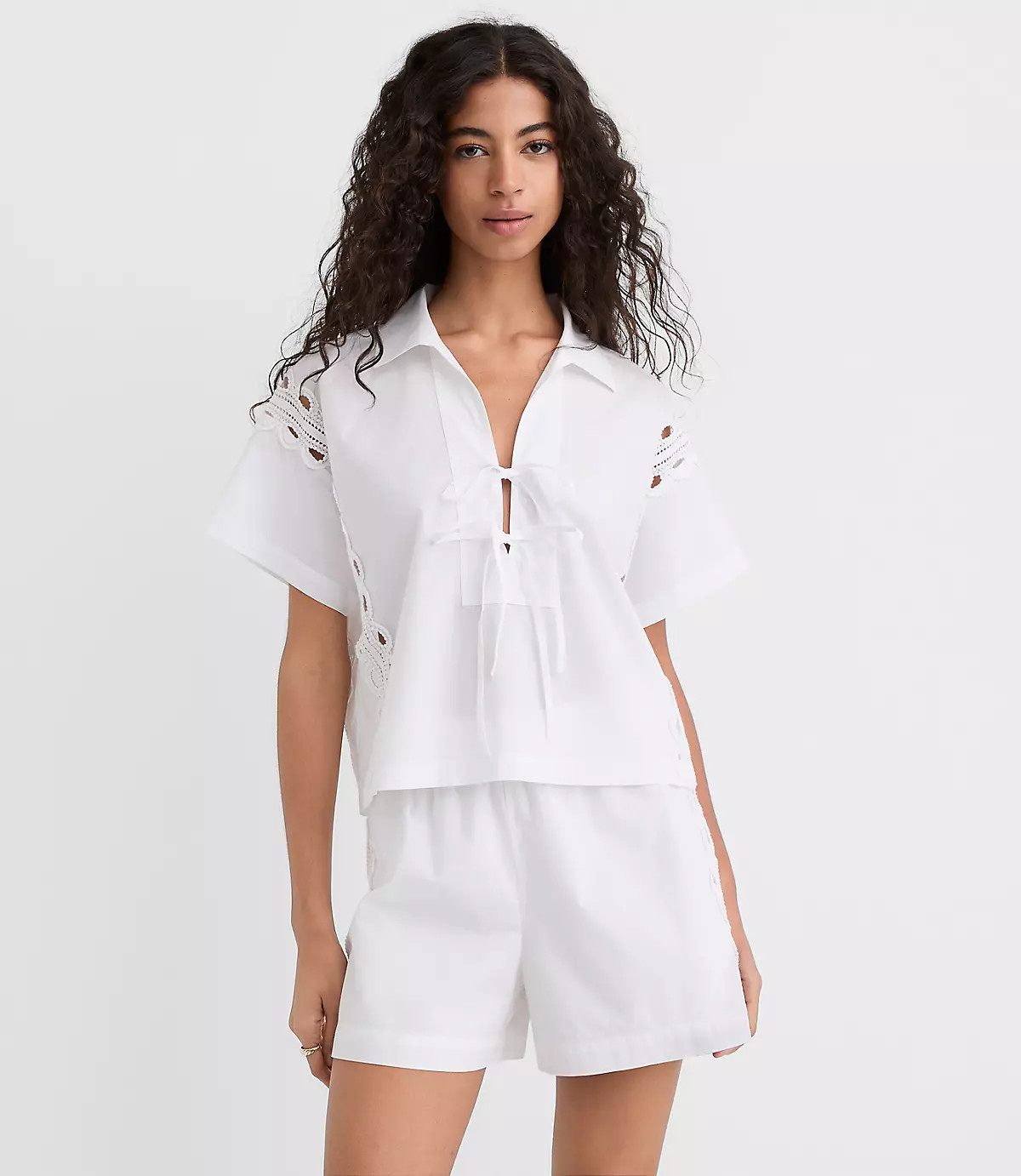 Lace Eyelet Bow Poplin Shirt | LOFT