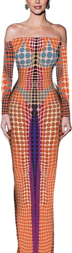CALEBGAR Women’s Sexy Off Shoulder Long Sleeve Maxi Dresses Elegant Geometric Printed Bodycon E... | Amazon (US)
