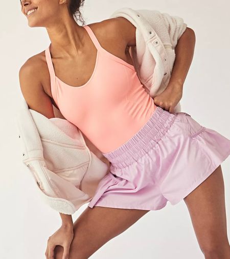 Obsessed with the colors of the FP Movement Workout Fit!! Perfect for running, hot yoga, pilates, or pickleball! FP Movement Get Your Flirt On Shorts, Free People Hit the Slopes Jacket Dupe, and Lululemon / Alo Yoga Peach Sports Bra

#LTKU #LTKfit #LTKunder50