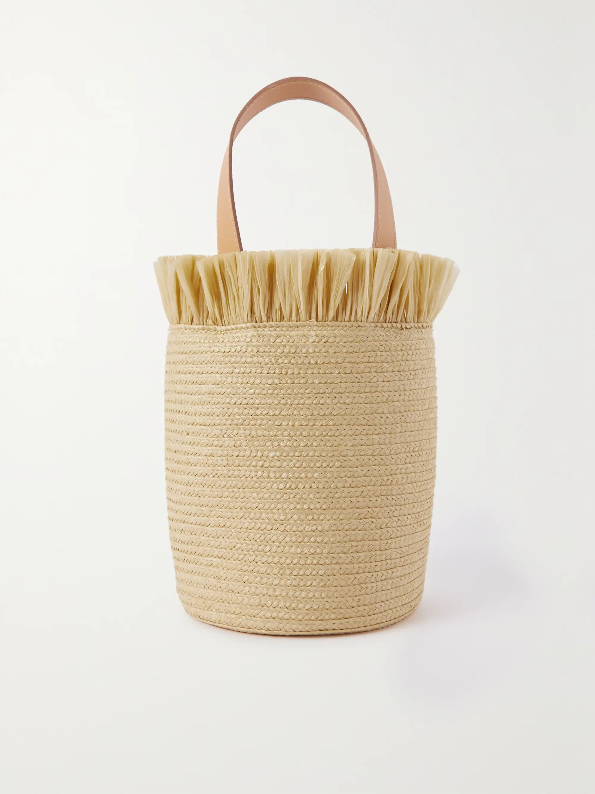 Leather-trimmed fringed raffia bucket bag | NET-A-PORTER (US)