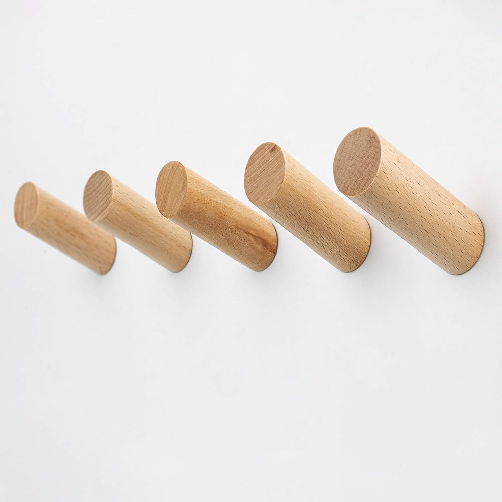 evory 5 Pack Wood Wall Hooks, Rustic Wooden Coat Hooks Wall Mount, No Damage Adhesive Hat Hooks f... | Amazon (US)
