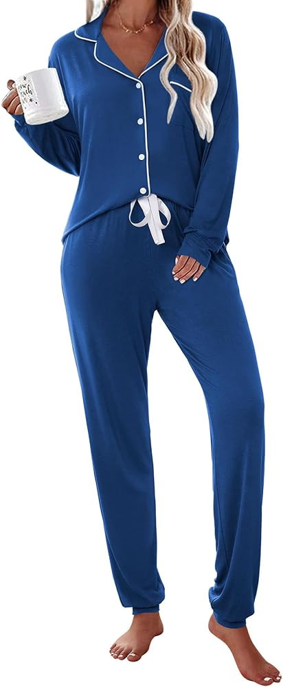 Ekouaer Pajamas Set Long Sleeve Sleepwear Womens Button Down Nightwear Soft Pj Loungewear with Po... | Amazon (US)