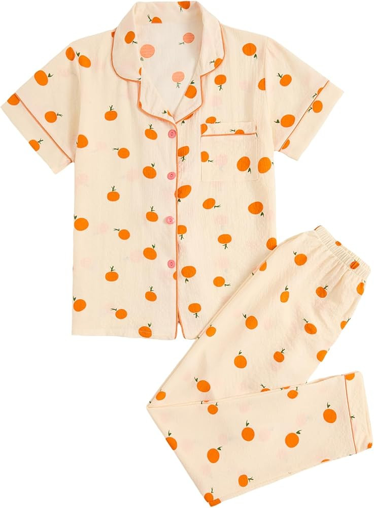 Verdusa Women's 2 Piece Pajama Sets Cute Printed Pj Sets Sleepwear Button Up Shirt with Pants Lou... | Amazon (US)