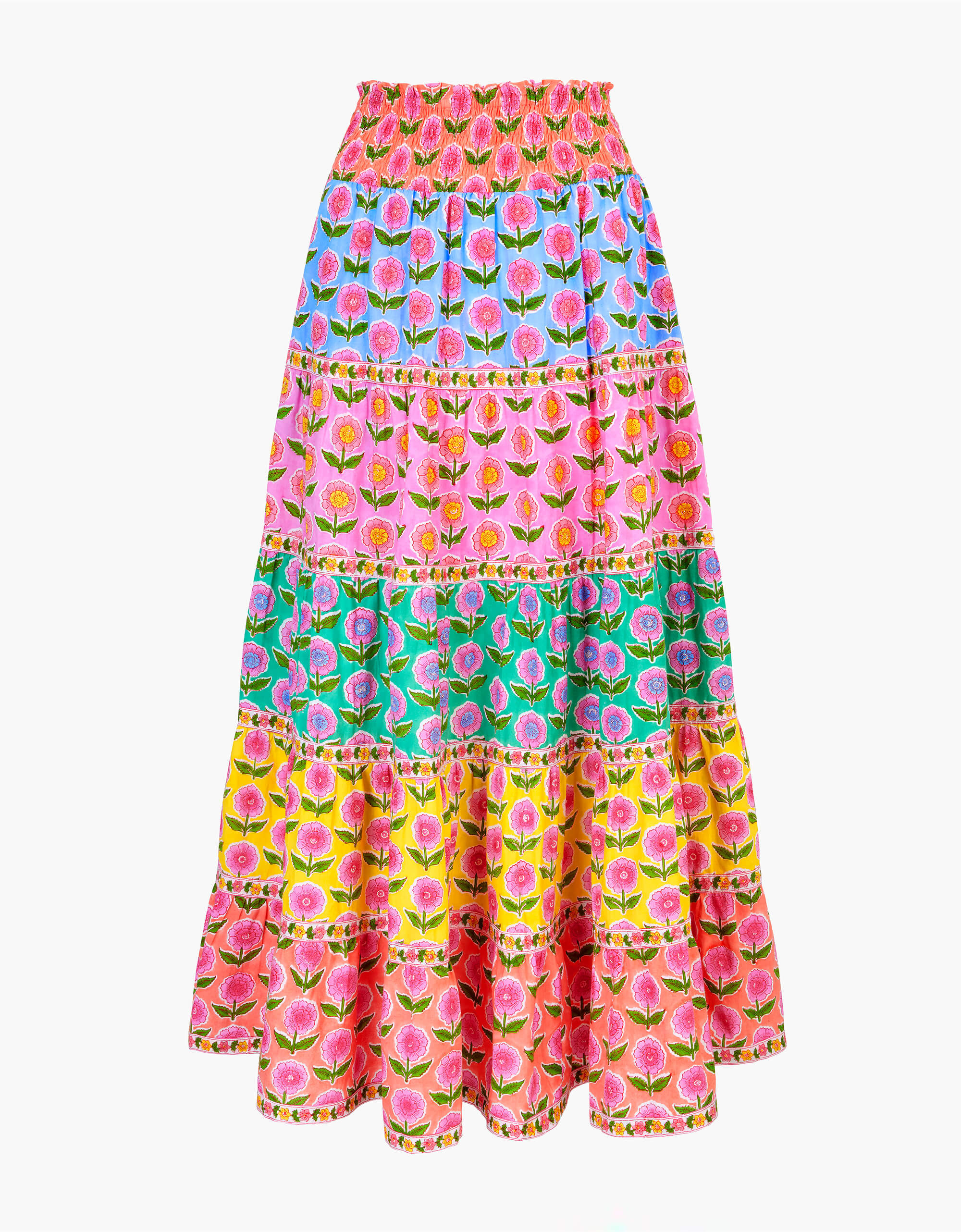 Jessica Skirt | Blue, Yellow & Pink Floral Maxi | Screen Print Cotton | Pink City Prints UK