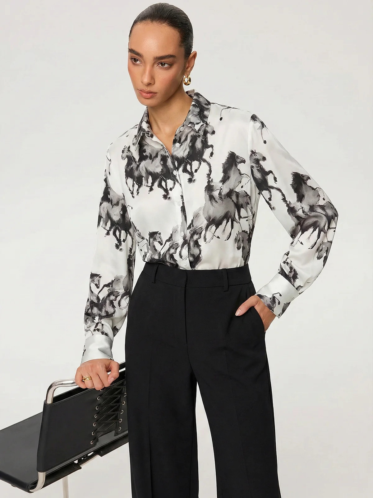 Horse Print Satin Knot-Front Long Sleeve Shirt | Commense