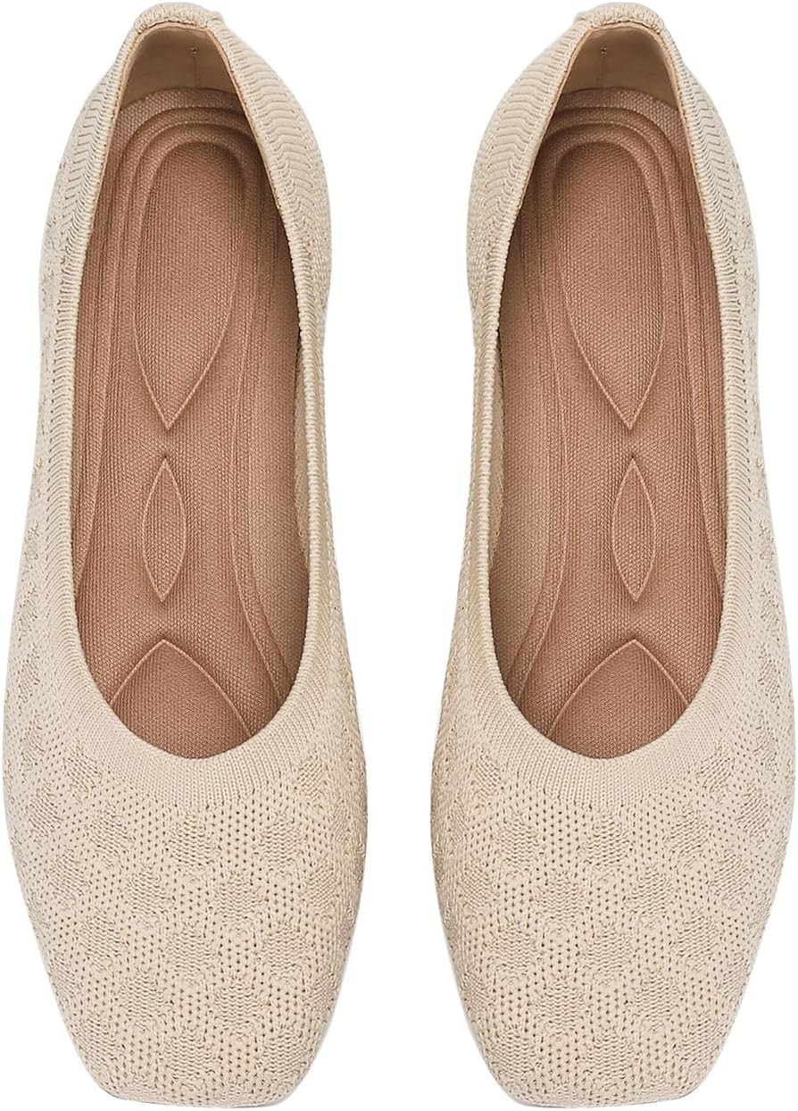 Flats for Women Square Toe Knit Foldable Ballet Women's Fat Shoes Dressy Comfortable Womens Shoe for Casual Office Work | Amazon (US)
