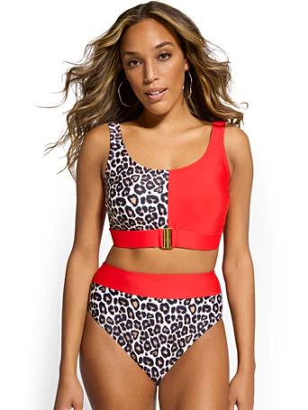 leopard-print colorblock belted bikini top - ny&c swimwear | New York & Company