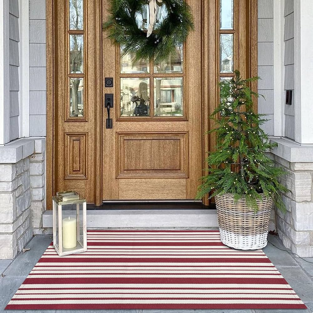 KOZYFLY Striped Outdoor Rug 27.5x43 Inches Red and White Front Door Rug Hand Woven Area Rug Washa... | Amazon (US)
