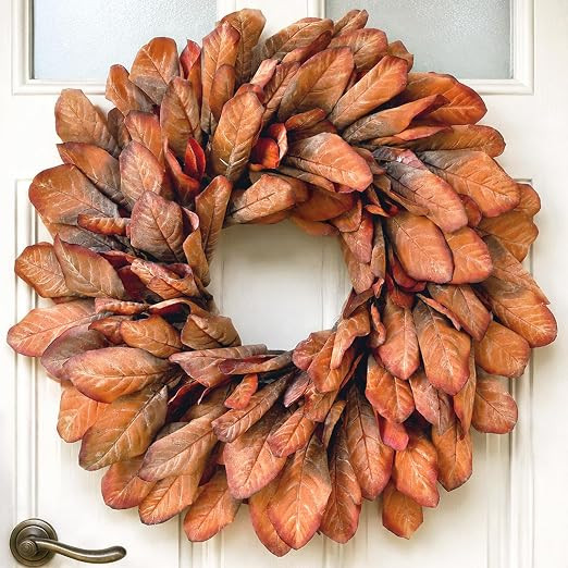 26" Artificial Fall Magnolia Leaf Wreath for Front Door Decoration (Orange) | Faux Magnolia Leave... | Amazon (US)