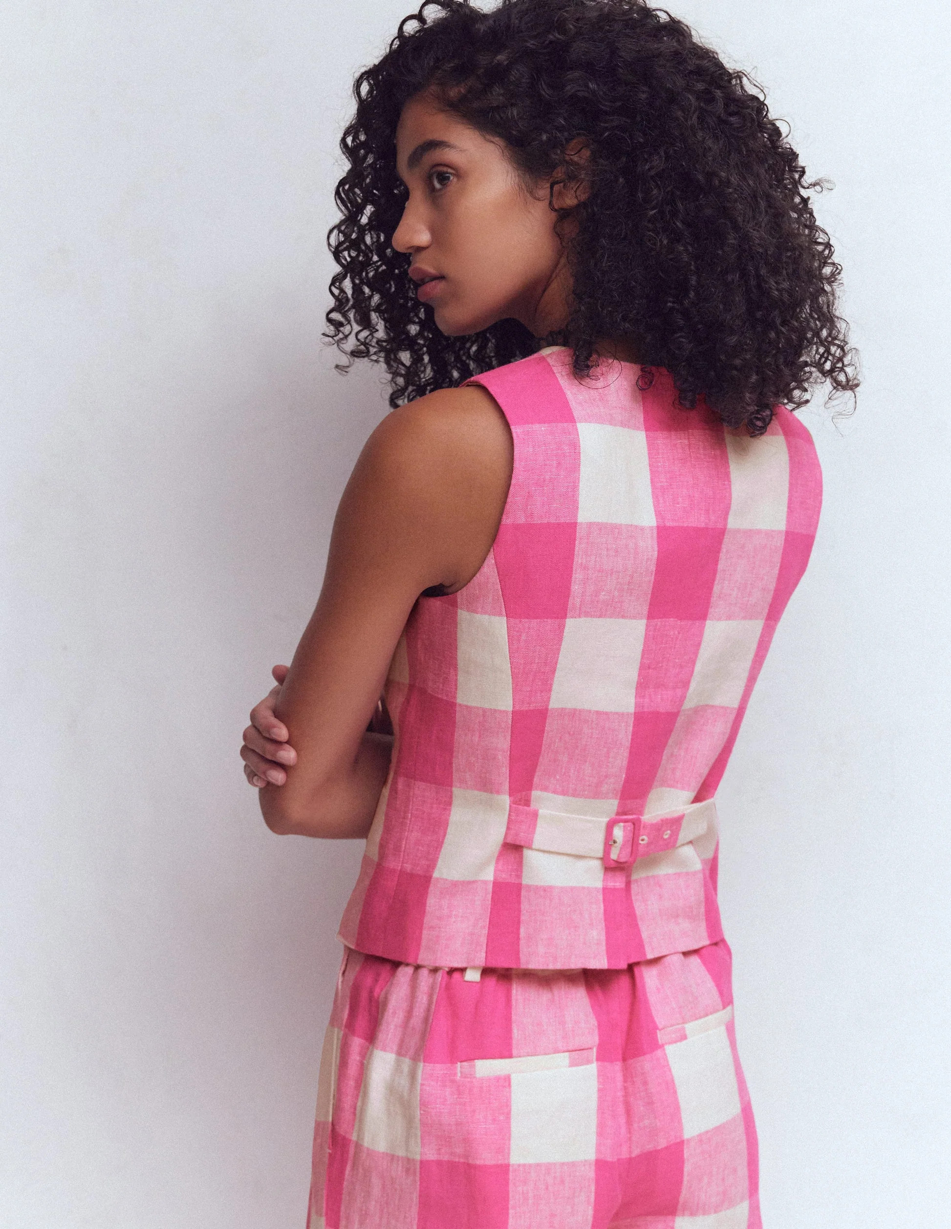 Linen Scoop Neck Waistcoat-Pink Gingham | Boden (US)