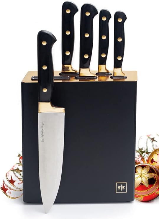 Gold Knife Set with Sharpener Built In - Kitchen Knives Set with Block Self Sharpening, 7-PC Blac... | Amazon (US)