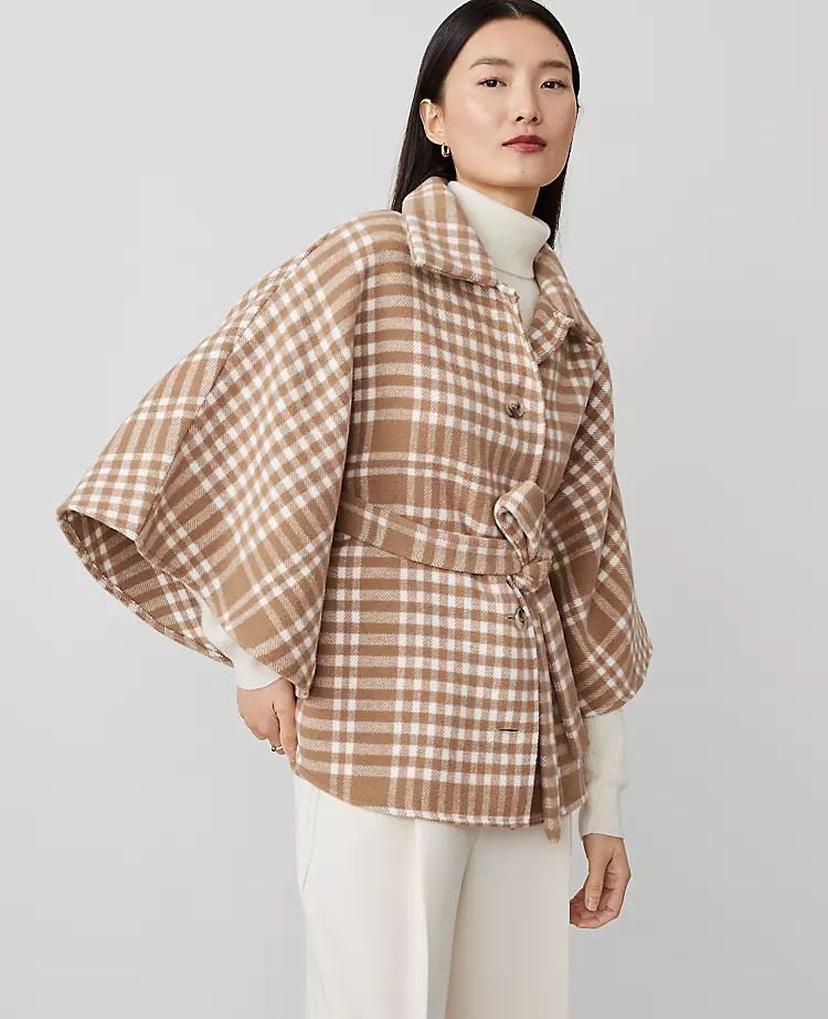 Plaid Tie Waist Button-Up Poncho | Ann Taylor