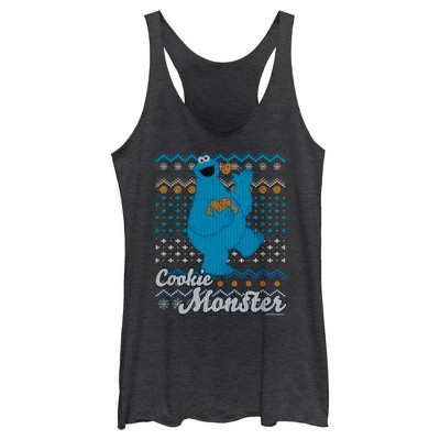 Women's Sesame Street Cookie Monster Ugly Christmas Sweater Print Racerback Tank Top - Black Heather - X Large | Target