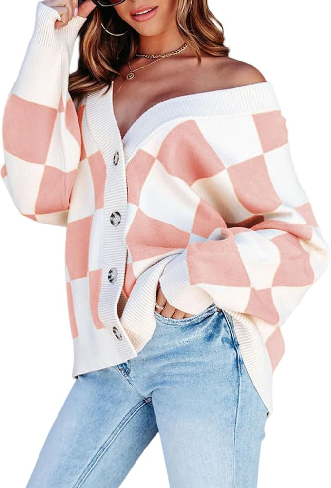 Womens Plaid V Neck Button Down Long Sleeve Cable Knit Oversized Cardigan Sweaters Tops | Amazon (US)