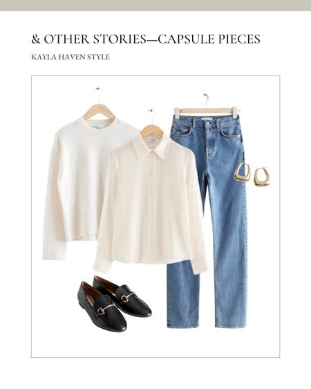 & Other Stories capsule wardrobe! Jeans, loafers, earrings, silk shirt, white sweater, timeless fashion, capsule wardrobe, closet staples. 


#LTKfit #LTKstyletip #LTKFind