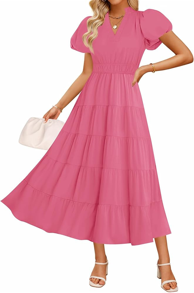 ZESICA Women's Summer Casual Maxi Dress 2026 Puff Short Sleeve V Neck Ruffle Tiered Flowy Boho Be... | Amazon (US)