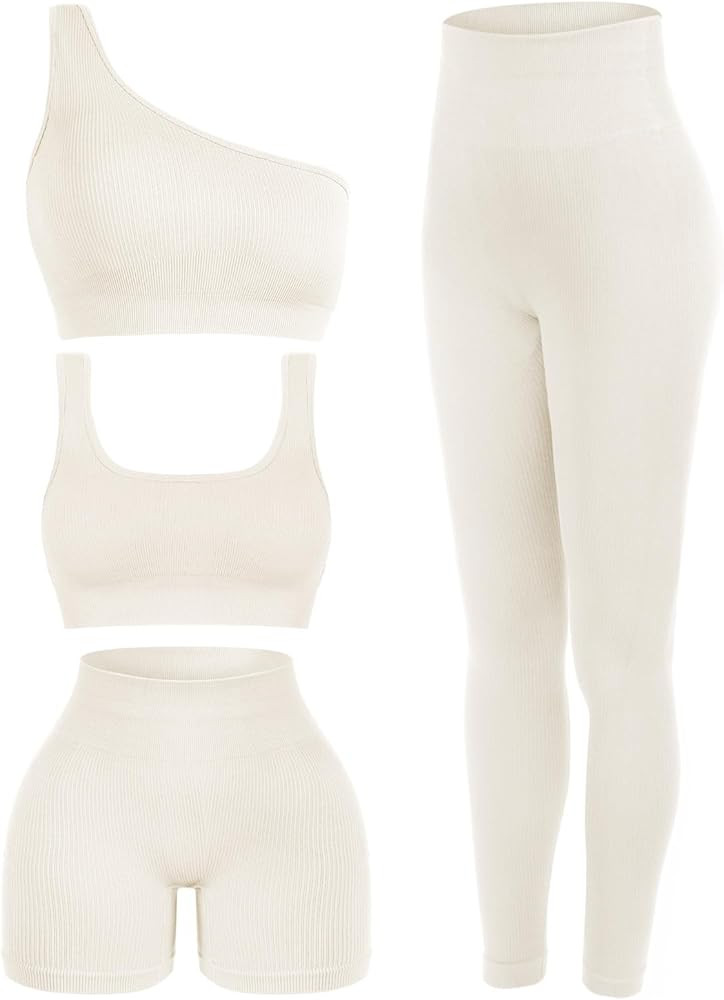 4 Pcs Women's Workout Sets Pilates Exercise Outfit Ribbed Scoop Neck Sports Bra Shorts Leggings G... | Amazon (US)