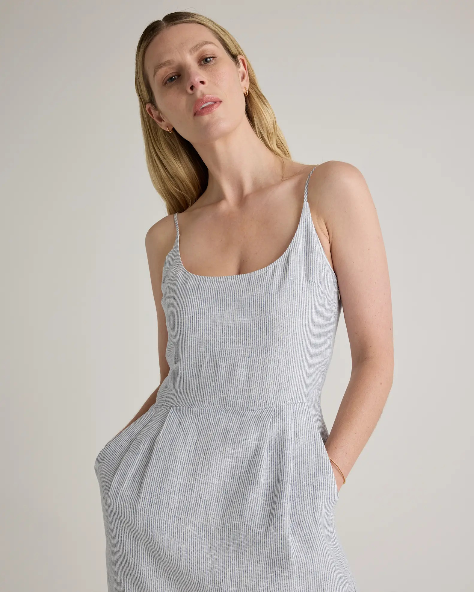 100% European Linen Scoop Neck Midi Dress in Blue Pinstripe | Quince