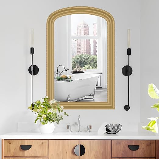Arch Bathroom Vanity Mirror for Wall Decorative, 24" x 36" Gold Vintage Mirror with Beaded Frame ... | Amazon (US)