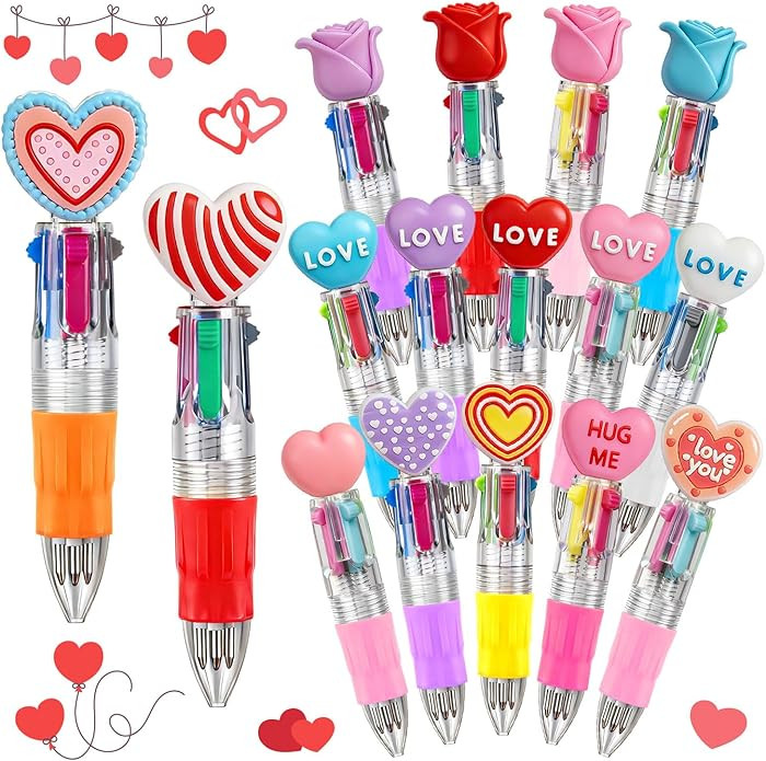 16Pcs 4 in 1 Mini Valentines Multicolor Ballpoint Pens Cartoon Cute Pens Bulk for Kids Retractabl... | Amazon (US)