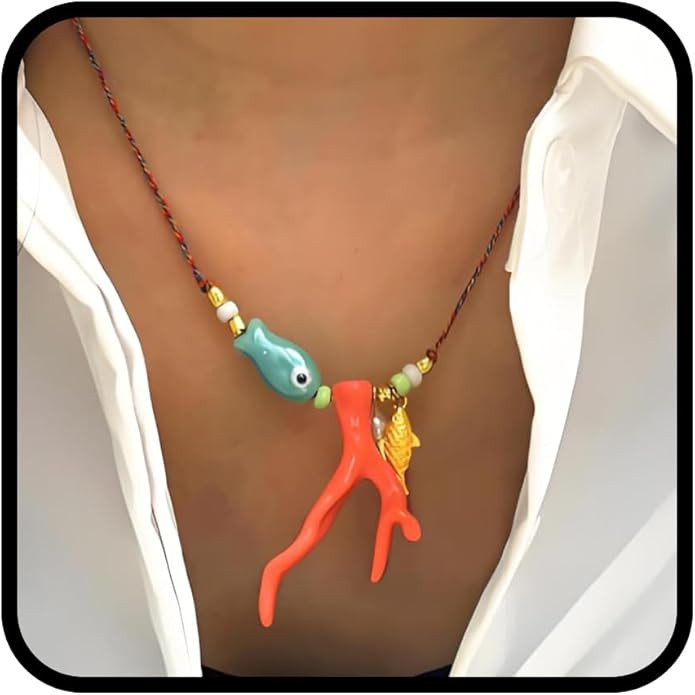 Fish Necklace, Y2k Pearl Beach Summer Pendant Necklaces Beachy Beaded Charm Non Tarnish Statement... | Amazon (US)