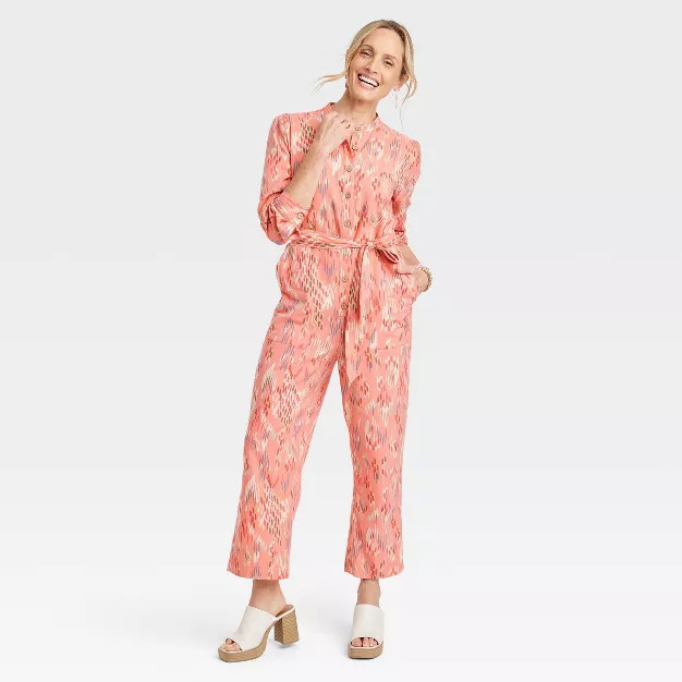 Women's Long Sleeve Traveling Jumpsuit - Knox Rose™ Coral Pink Ikat | Target