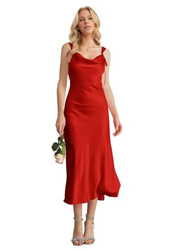 Ouyisha Red Bridesmaid Dresses for Wedding Satin Sleeveless with Slit Tea Length Elegant Formal Cowl Neck for Women US4 | Amazon (US)