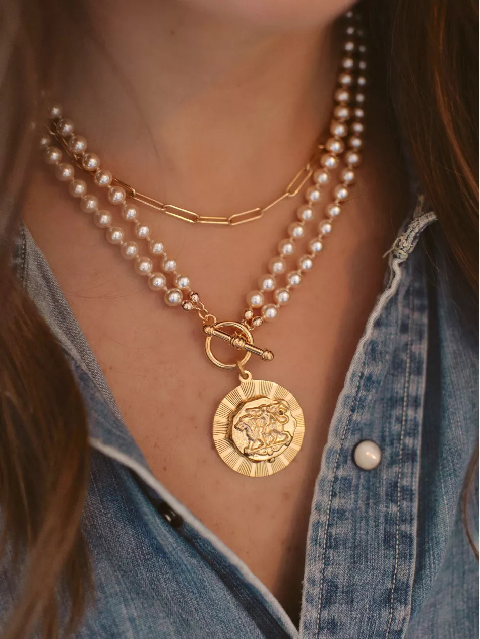 Cara 24ct yellow gold-plated brass and pearl medallion necklace | Selfridges