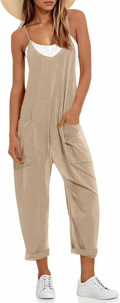 Fisoew Women's Summer Sleeveless Loose Casual V Neck Jumpsuits Spaghetti Strap Long Pants Baggy O... | Amazon (US)