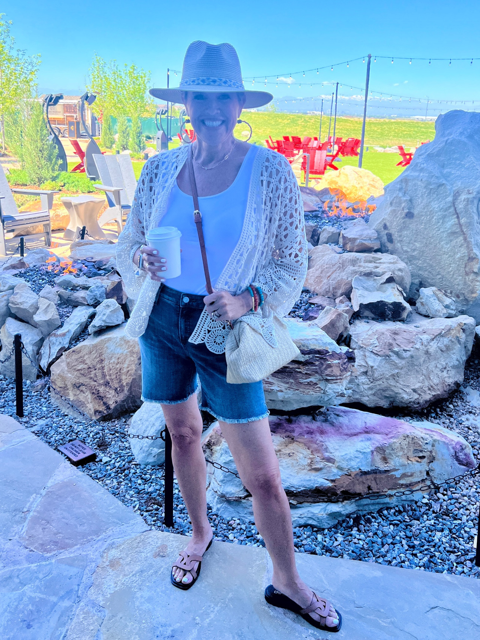 Outfit of the day… 
Site seeing, and  lunch✔️

Chico’s pieces you’ll love and wear all summer.

Denim shorts with frayed hem great length. Fit tts 

White tank top tts. 

Crochet is trending-Crochet little  cardigan tts and so cute and breezy for that little extra pop to an outfit.  Great Summer 3rd piece ❤️

Strawberry hat with a little light blue added detail braid around band! 

Arm candy so cute and on trend 
Love the mix and match 

Straw/faffie vag with changeable handle  social thread! On SALE for $38 
Normally $79

Cutest slide sandals, they have a great cushion too! On sale  $39
Normally $119
Grab these

#LTKStyleTip #LTKSaleAlert #LTKOver40