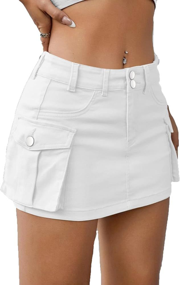 Low Waist Cargo Skirt Women Button Mini Cargo Denim Skirt with Pocket Mini Skirt | Amazon (US)