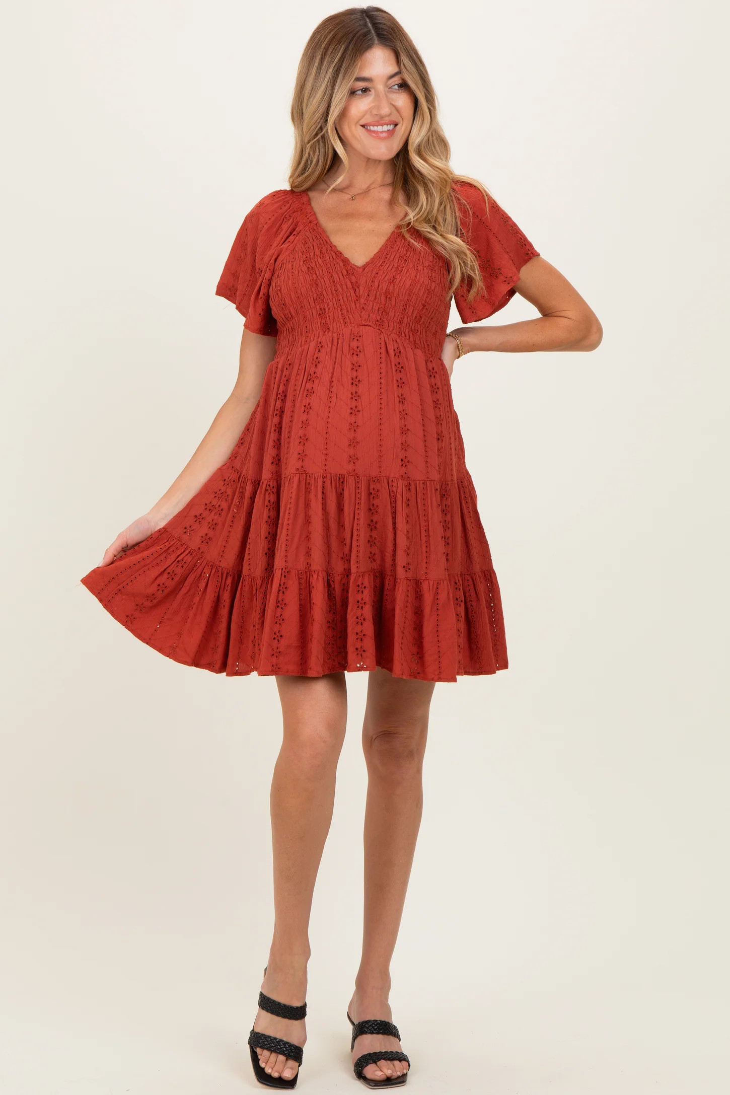 Rust Eyelet Embroidered V Neck Smocked Bodice Maternity Dress | PinkBlush Maternity