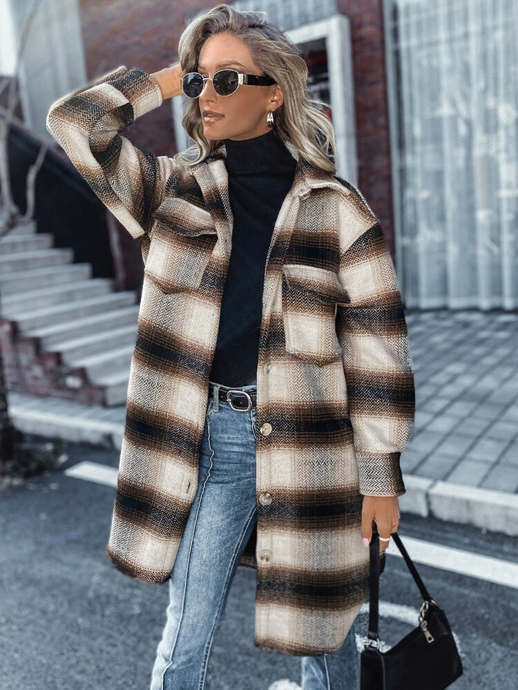 Plaid Print Single Breasted Flap Pocket Front Overcoat | SHEIN