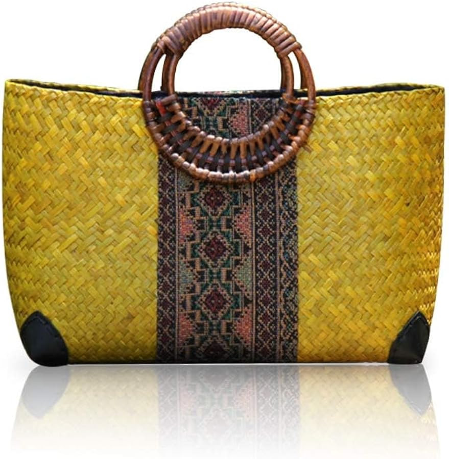 Women Summer Retro Straw Bag with Printing Hand-woven Beach Handbag Top Round Handle Boho Tote Ba... | Amazon (US)
