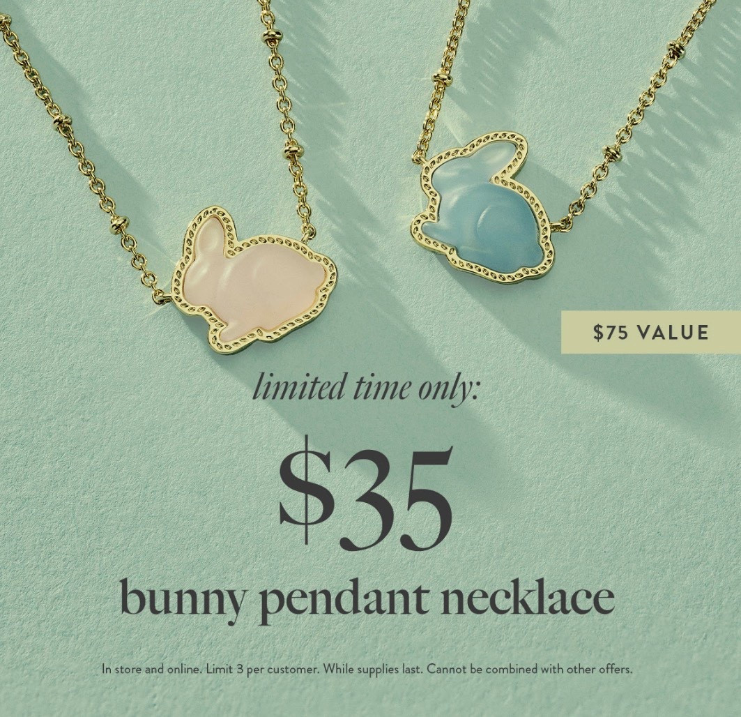 Kendra Scott has their limited edition Bunny 🐰 Pendant Necklace down to only $35 right now - normally $75! Fantastic deal for this cute necklace that’s available in pink or blue. ✨ 

#LTKBeauty #LTKSeasonal #LTKSaleAlert