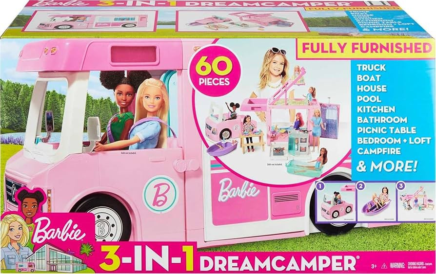Barbie Camper Playset, 3-in-1 DreamCamper with Pool & 50 Accessories, Transforms into Doll-Sized ... | Amazon (US)