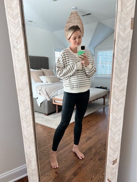 New crewneck from Spanx! Code KENDALLXSPANX gets you 10% off + free shipping // Normally a small, but sized up to the medium for the bump // size small faux leather maternity leggings 

pregnancy style, casual outfit

#LTKbump #LTKstyletip
