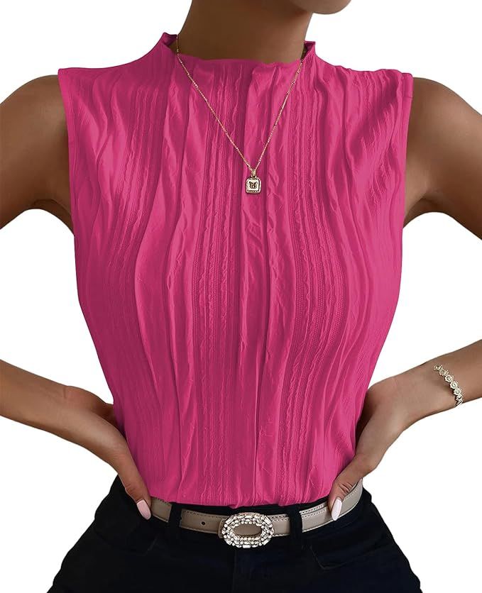 Poetsky Womens Summer Textured Tank Tops Sleeveless Mock Neck Tank Slim Fit Shirt Blouse | Amazon (US)
