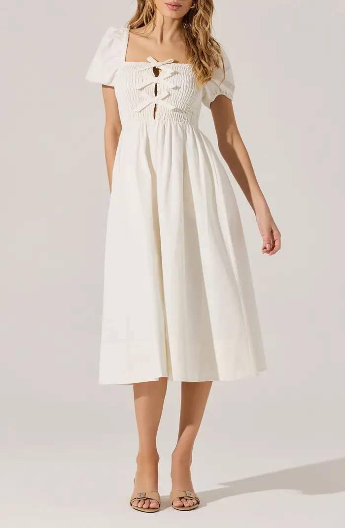 Bow Detail Smock Bodice Cotton Blend Dress | Nordstrom