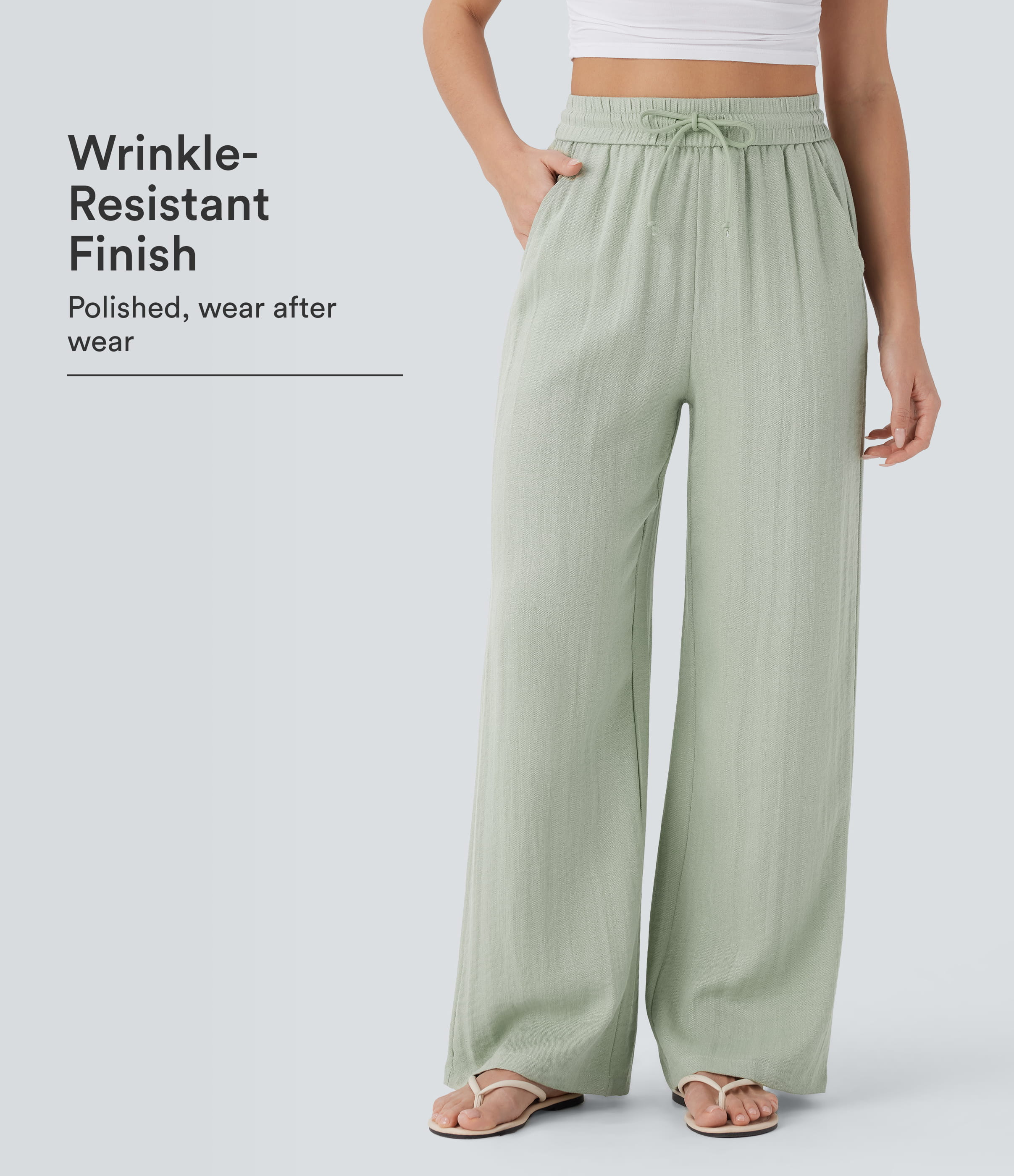 Women\u2019s High Waisted Drawstring Pocket Wide Leg Baggy Casual Linen-Feel Pants - Halara | HALARA