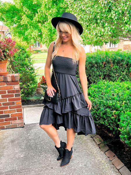Black ruffle tiered dress only $35 - black ankle boots - black crossbody bag with gold chain - black hat - gold layering necklaces - fall transition outfit - boho style - Amazon Fashion - Amazon Finds 

#LTKunder50 #LTKitbag #LTKSeasonal