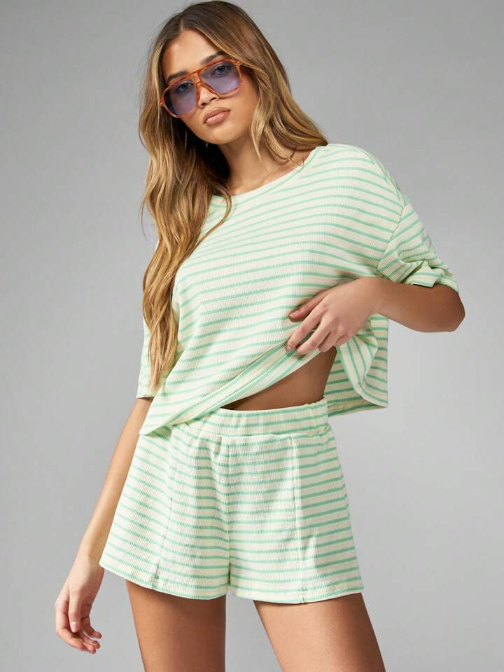 MISSGUIDED Striped Co-Ord Set Summer Lounge Wear Ribbed Knit Two Piece Outfit Casual Crop Top High Waist Shorts Beach Resort Vacation Set | SHEIN